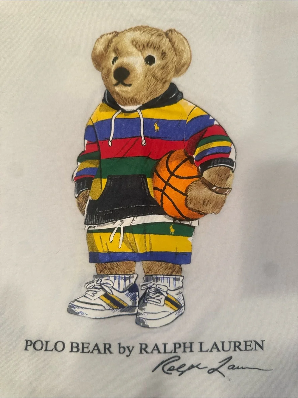 Ralph Lauren White Kids Polo Bear Tee with Green, Blue & Red Trim
